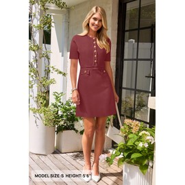 MEROKEETY Women's Knit Bodycon Sweater Dress Button Short Sleeve Crew Neck Elegant Formal Mini Dress, Wine, Medium