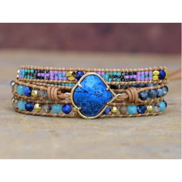 Crystal Handmade Bracelet, Blue Veins Gemstone Bracelet for Women, Healing Stone Wrap Bracelet, Irregular Pendant Leather Bracelet for Men