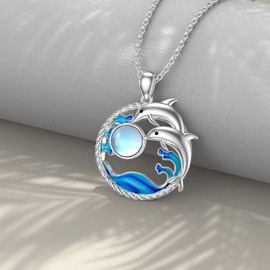 BETHZA Dolphin Necklace for Women Sterling Silver Natural Gemstone Dolphin Pendant Jewelry Gift for Wife Mom for Birthday Christmas