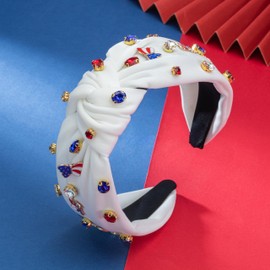4th of July USA Star Charm Headband for Women Red White Blue Crystal Top Knotted White Headband Patriotic Sparkly American Flag Butterfly Charm Wide Hairband (7.4butt USA heart-white)