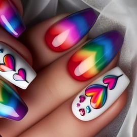 Valentine's Day Press on Nails Long Coffin Fake Nails Square Color Blending Stripes Acrylic Nails Glossy Glue on Nails Artificial Nails Color Love Heart Stick on False Nails with Design 24 Pcs