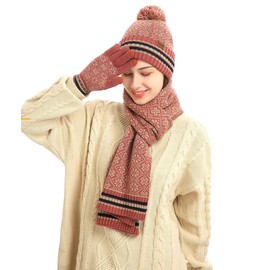GFM Womens Men's Winter Warm Three-Piece Knitted Wool and Velvet Hat Scarf Glove Set (TPS-Y74-GLB-Pink)