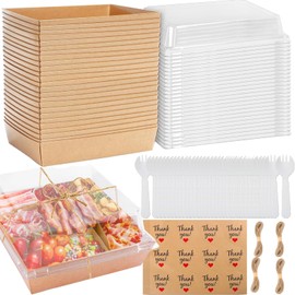 50 Pack Small Charcuterie Boxes with Clear Lids 5 Inches Square To Go Paper Mini Charcuterie Box, Disposable Food Containers, Dessert Boxes - Sandwich, Cookie, Sushi, Cake Slice, Strawberries (Brown)
