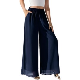 Cnlinkco Womens Wide Leg Pants Work Formal Elegant Flowy Pants Beach Casual Chiffon Palazzo Pants Deep Blue L