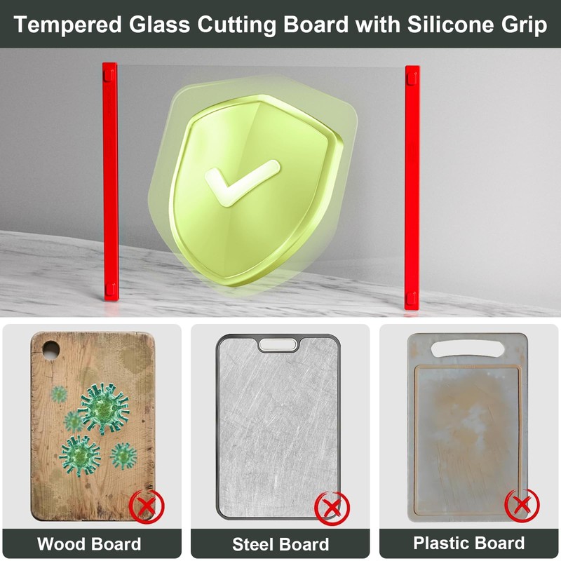 2PCS Glass Cutting Board with Silicone Grip, 80% Stronger Shatter