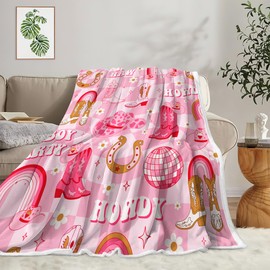 Pink Checkerboard Grid Pattern Blanket Cute Western Cowgirl Gifts for Girls Women Cowboy Hat Boots Horseshoe Soft Flannel Throw Blankets Boho Fleece Blankets for Couch Bed Sofa Chair Decor 50X60in