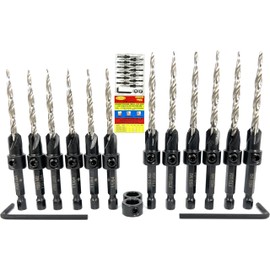 FTG USA Countersink Drill Bit Set 6 Pc #8 (11/64"), 6 Pc #10 (3/16") Tapered Countersink Bit, Stop Collar, Hex Wrench, Woodworking Countersink Drill Bits