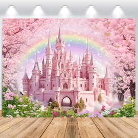 ASDCXZ Princess Castle Background 2.2 x 1.5 m, Pink Cherry Blossom Castle Rainbow Flowers Photography Background for Princess Girls 1 Year Birthday Wedding Party Decoration Studio Props