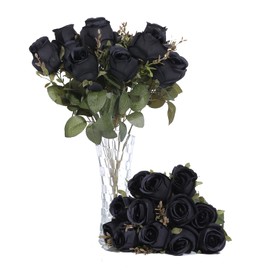 FlueHouzz Artificial Roses Flowers Fake Silk Rose Bouquet 12 Heads 2 Packs of Realistic Blossom Roses for Home Wedding Party Floral Decoration Table Centerpieces, Black
