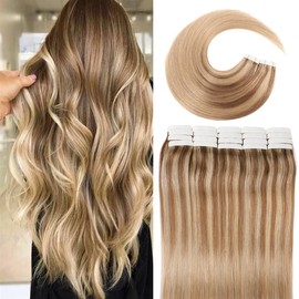 VINBAO Tape Extensions Real Hair Blonde 50 cm Tape-in Seamless Hair Extensions Real Hair Balayage Ash Brown to Golden Blonde 20 Pieces 50 g Straight Extensions Tape in 20 Inches #10/16/16