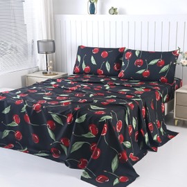 SDIII 4PCS Red Cherry Sheets Set Queen, Soft Microfiber Cherry Sheets Queen, Cute Fruit Patterns Bed Sheet for Girls Boys Kids and Teens