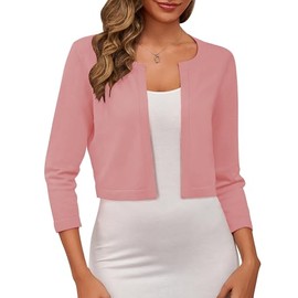 SNOVTRS Women's 3/4 Sleeves Cardigan Sweaters Lightweight Crewneck Open Front Bolero Shrugs for Women, Pink, Medium