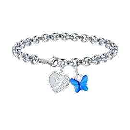 IEFWELL Silver Heart Initial Chain Bracelet - Adjustable Butterfly Bracelet for Girls & Teen Girls - Hypoallergenic Material - Perfect Graduation Gifts for Her