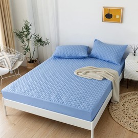 jejeloiu Blue Quilted Mattress Pad, 100% Waterproof Breathable Queen Bedding Fitted Sheet Mattress Protector 14" Deep Pocket Cotton Snow Down Alternative Filling Mattress Cover (Queen,Blue)