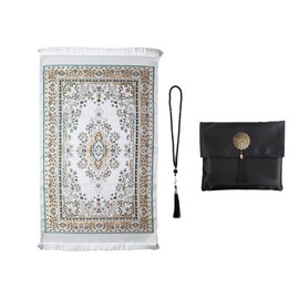 Hitopin Muslim Prayer Rug and Beads with Elegant Slub Fabric Bag, Islamic Prayer Mat, Muslim Prayer Rug, Ramadan Prayer Blanket, for Gifts, Muslim, Islamic, Ramadan, Prayer (Black,110 * 70CM)