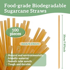 Sugarcane Straws - 100PCS Straws Disposable Biodegradable Compostable Long Sugar Cane Drinking Straws for Coffee, Juice, Milk, Smoothie, Cocktail, Party