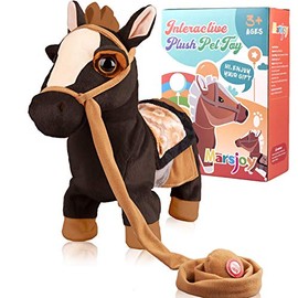 Marsjoy Black Horse Musical Singing Dancing Plush Interactive Pony Walk Along Toy Pony Robot Plush Stuffed Animal Toy Walking Pony Toy for Boys & Girls Kids or Toddlers H: 11.81"