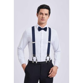 HISDERN Bow tie and Suspenders for Men Navy Blue Plaid Suspender Self Bowtie Pocket Square Set Adjustable Y Shape Wedding Formal Mens Trouser Braces