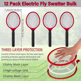 12 Pack Electric Fly Swatter Bulk Bug Zapper Rackets for Indoor Outdoor Insect Control Killer Bat Handheld Mosquito Swatter Battery Powered Electric Bug Killer for Home Patio Camping(Red)