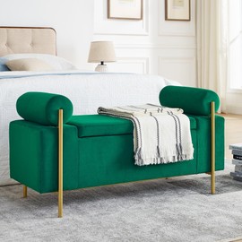 KEIKI Linen Ottoman Bench with Storage & Cylindrical Armrest, Upholstered Seating Foot Rest Stool Furniture for Bedroom, Living Room, Entryway, Green