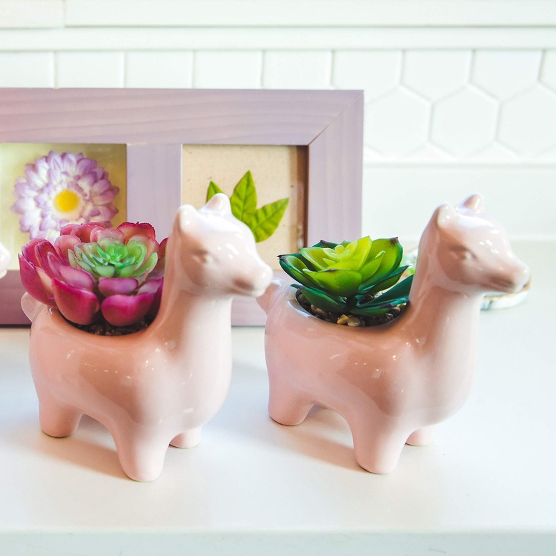 Flora Bunda 5" Empty Ceramic Llama,Set of 2, Pink