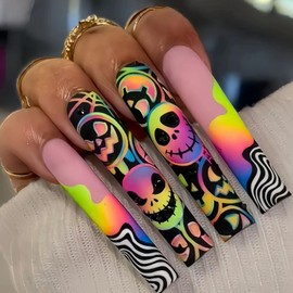 Hallowee Press on Nails Long Fake Nails Square False Nails with Colorful Ghost Spider Web Designs Artificial Nails for Women 24pcs