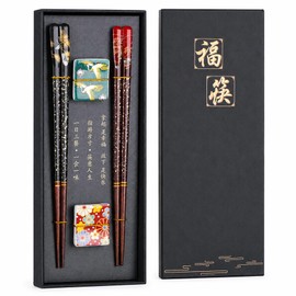 Antner 2 Pairs Reusable Wooden Chopsticks with 2PCS Ceramic Rests Set, 9in