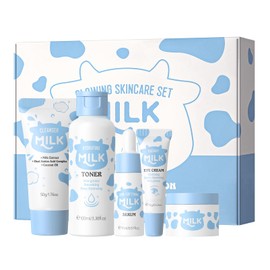 Milk Skincare Set,Beauty Gift Sets for Teenage Girls,Milk Skin Care Sets & Kits,Glowing Facial Kits for Women with Cleanser,Toner,Serum,Cream,Eye Cream,Deep Hydrating,Smoothing(5PCS)