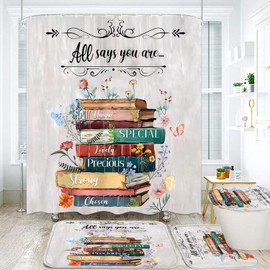 DDQQ Colorful Books Shower Curtain Set with Non-Slip Rugs, Inspirational Quotes Floral Books Bathroom Decor Accessories Sets with Hooks, Bathroom Decor Set