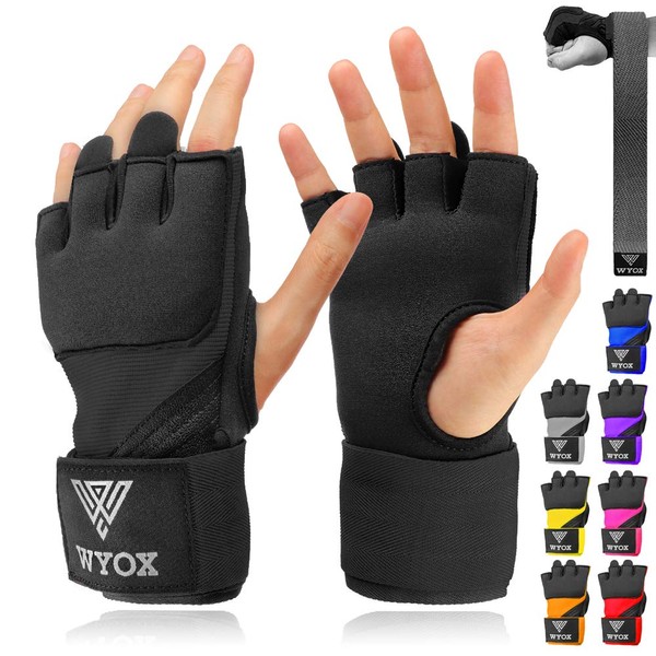 WYOX Gel Quick Hand Wraps for Boxing MMA Kickboxing - EZ-Off & On - Padded Knuckle with Wrist Wrap Protection for Men Women Youth (Black, S-M)