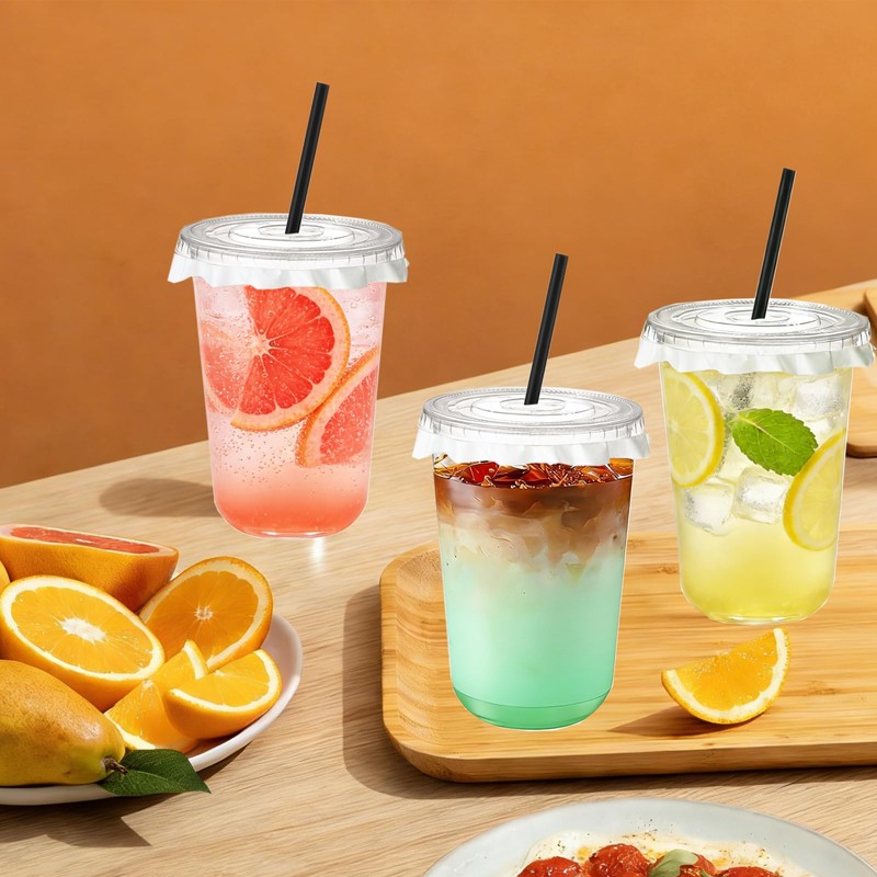 Cashger 16 oz Plastic Cups with Lids and Straws To