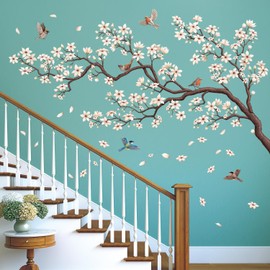 DECOWALL SG4-2317 Oriental Flower Tree Wall Sticker Decorate Peel and Stick Extendable Nursery Living Room Art Home Decoration Flowers Birds Girls Daisy Mandala Flowers Flowers