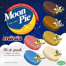 Moon Pie Paquete De 36 Minis. 6 Tartas De Cada Uno: Original, Once In A Blue Moon, Arándano, Vainilla, Plátano, Fresa Y Caramelo Salado. Tartas De 28 G Envueltas Individualmente