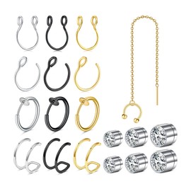 MODRSA Fake Piercings Fake Nose Ring Hoop Fake Lip Ring Fake Septum Ring Faux Nose Rings Double Hoops Clip on Nose Ring Fake Earring Hoops Fake Nose Piercing Fake Nose Stud Clip Earring with Chain