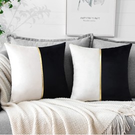 Artscope Black White Velvet Cushion Covers with Gold Leather Patchwork Luxury Modern Minimalist Square Pillowcase Throw Pillow Covers for Living Room Bed Couch Sofa 45x45cm Set of 2