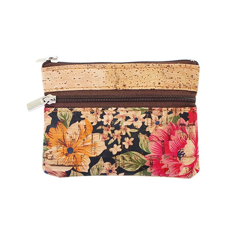 Boshiho Eco-Friendly Cork Zip Wallet with Key Ring, Multi flower.,