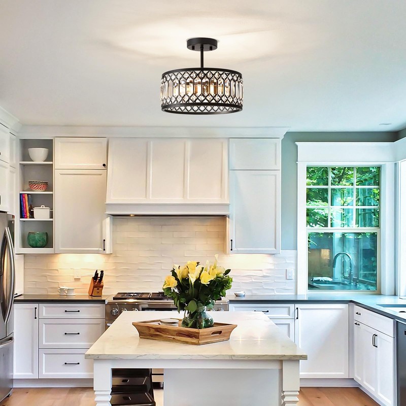 Pevfah Crystal Black Ceiling Light, Modern Semi Flush Mount Ceiling