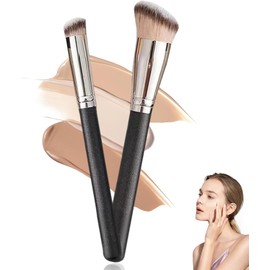 Brocha correctora, 2 brochas Kabuki en ángulo con cerdas elásticas, mezcla para maquillaje, brochas de contorno portátiles para maquillaje, líquido, crema y polvo fijador para mezclar