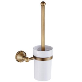 Elegant European Style Antique Bronze Toilet Brush Holder Set, Wall Mounted Brass Bathroom Accessories Set (Golden)