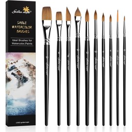 Professional Watercolour Brush Set, 10 Artist Brushes, Watercolour Brushes, Golden Maple, Sable Brush, Round Tip, Flat, Dagger, Oval Wash for Detail Painting, Watercolour Paint, Gouache