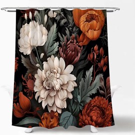 LAEDCIITI Black Boho Floral Shower Curtain Colorful Watercolor Flower Rustic Peony Retro Vintage Leaves Blossom Aesthetic Plant Botanical Fabric Bath Curtain with Hook