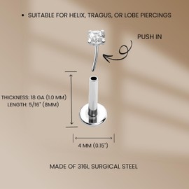 KIWI DAISY Lotus Marquise CZ Threadless Labret Stud, 18GA Surgical Steel Flat Back Earring, Push-In Cartilage Monroe Lip Tragus Jewelry, Tiny Threaded Flat Back Post, (1 Piece)