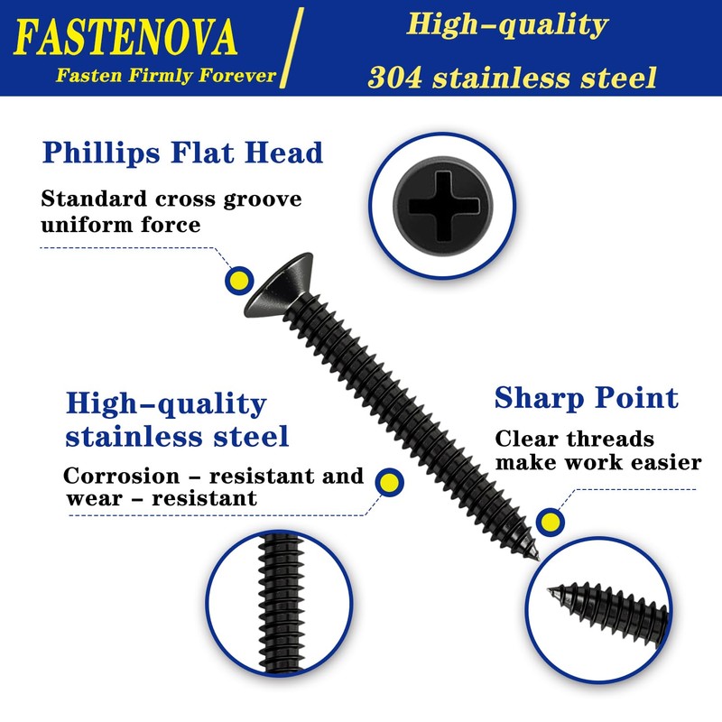 FASTENOVA 255pcs Black Wood Screws Assortment Kit, 304 Stainless Steel,