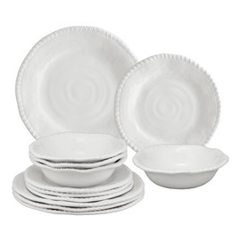 UPware 12 Piece Rope Melamine Dinnerware Sets, Outdoor Dishes Set, Plates and Bowls Sets, Service for 4, White