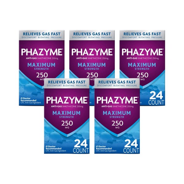 Phazyme Maximum Strength 250 mg Anti-Gas Softgels 24 Count (Pack of 5)