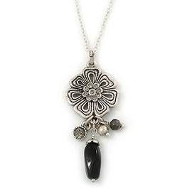 Vintage Inspired Flower and Charms Pendant with Silver Tone Chain - 38cm Length/ 8cm Extension