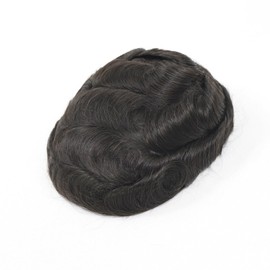 Lavishairs 0.06-0.08mm Full PU Men Toupee Human Hair Prothesis Men's Wigs Human Hairpieces Replacement System Mixed Grey/Brown Male Wig Natural Hairline Single Knot 30mm Wave 120% Density (#1B)