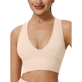 Longline Deep V Neck Sports Bra for Women Ribbed Crop Tank Top Full Back Removable Pads Wirefree Medium Support Yoga Bra, Nude, Large