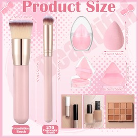 6Pcs Foundation Brush for Liquid Makeup,Liquid Foundation Brush with Makeup Sponge and Powder Puff for Foundation, Powder, Blush,Concealer(Pink)