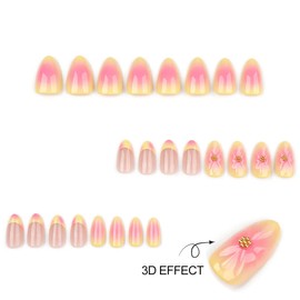 Yellow & Pink Press on Nails Short Almond Fake Nails Flower False Nails Press ons for Women Summer Beach Manicure,Glossy Finish | Reusable | Nail Kit with Jelly Adhesive Tabs | 24 Pcs